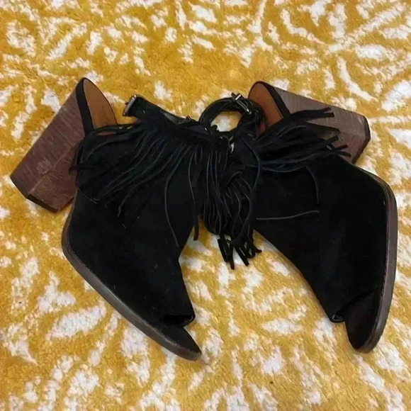 lucky brand adjustable fringe suede open toe block heel 8.5 - Picture 3 of 9